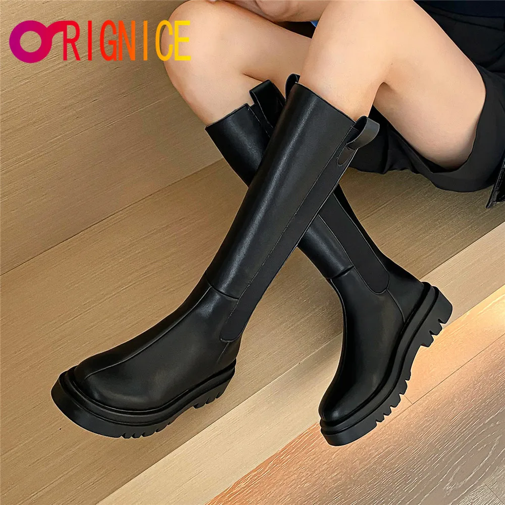 

Orignice Autumn Winter Platform Thick Sole Women Motorcycle Knee High Boots Zipper Top Quality Round Toe Black Casual Shoes 2021