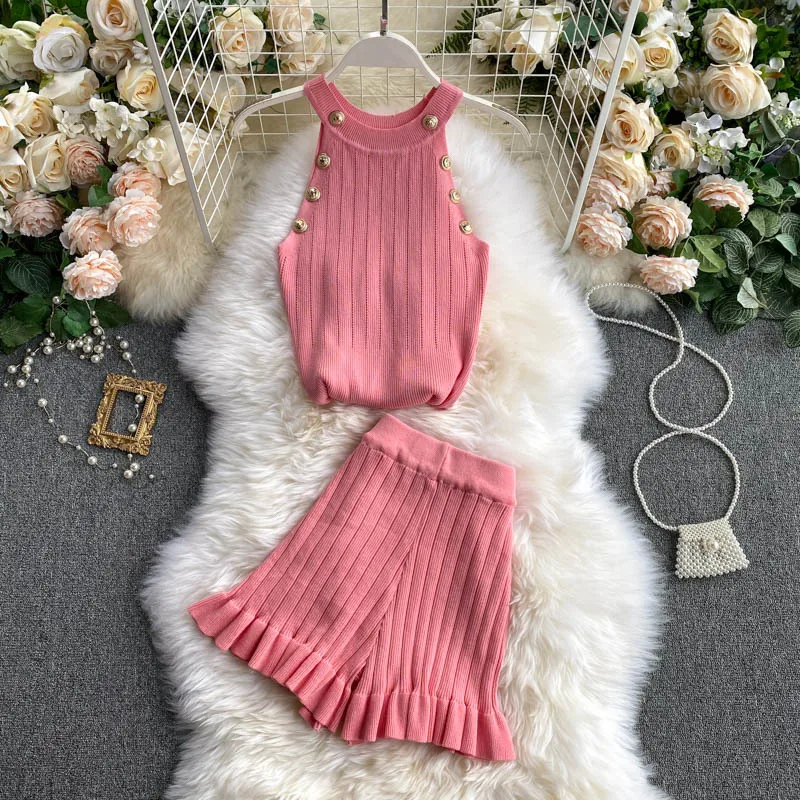 

Женский трикотажный костюм, комплект из двух предметов, топ на пуговицах и шорты, для лета