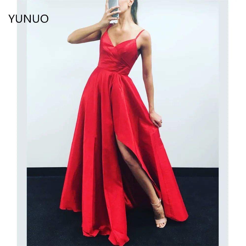 

YUNUO Spaghetti Straps Evening Dress A-line Long Red Satin Floor Length Womens Prom Dresses 2021 Vestidos De Festa with Slit