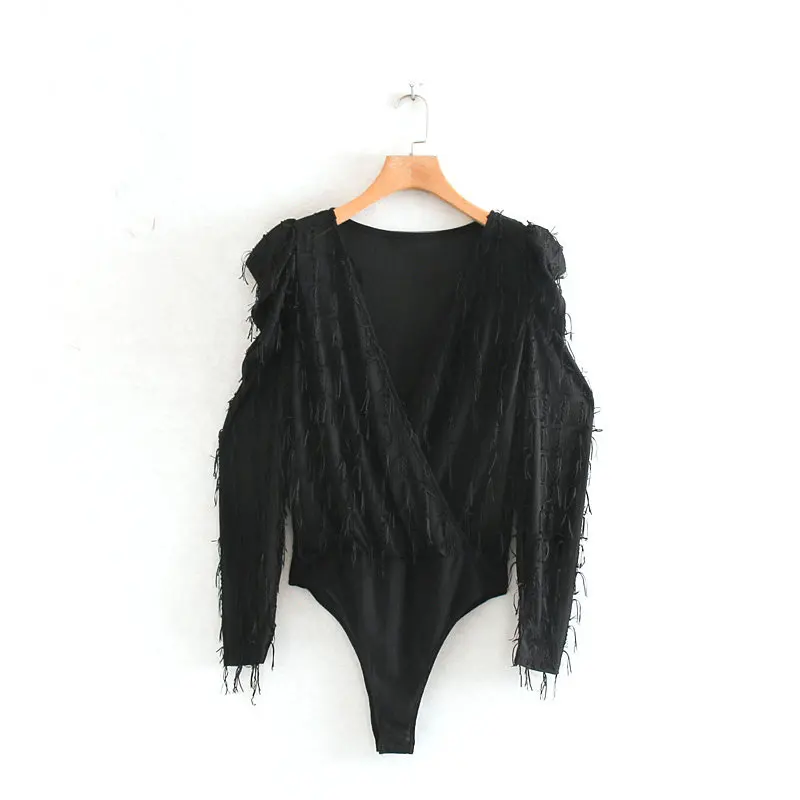 Новинка женские облегающие боди с v-образным вырезом украшенные кисточками