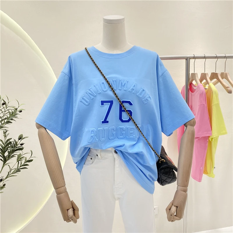 

2021 Summer Printed Letter Cotton Round Neck Female T-shirt Women Short Sleeve New Student Korean Style Loose Casual Top Tees