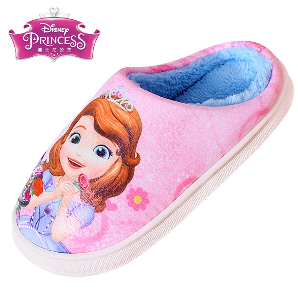 

Хлопковые тапочки для девочек Disney, Повседневная теплая нескользящая обувь для дома, с мультяшным принтом Софии, принцессы, зимняя обувь