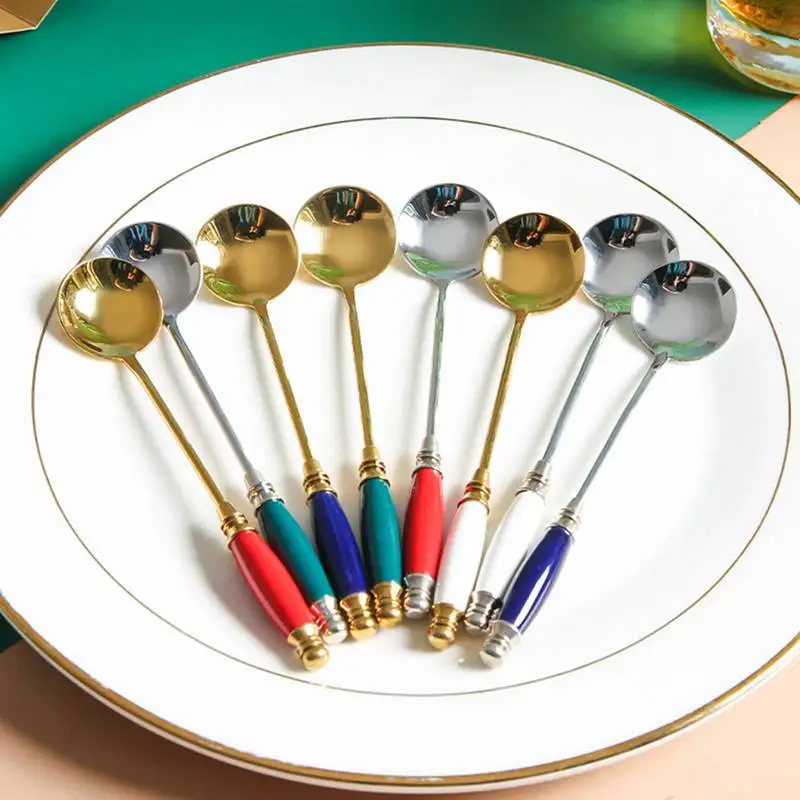 

Кофейная ложка с керамической ручкой, кухонная посуда из нержавеющей стали, простая ложка для смешивания кофе, ложка для чая и кофе