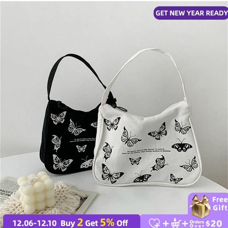 

Vintage Butterfly Women Handbags New Fashion Canvas Ladies Shoulder Bag Girls Underarm Hobo Female Armpit Hand Bag Bolso Mujer