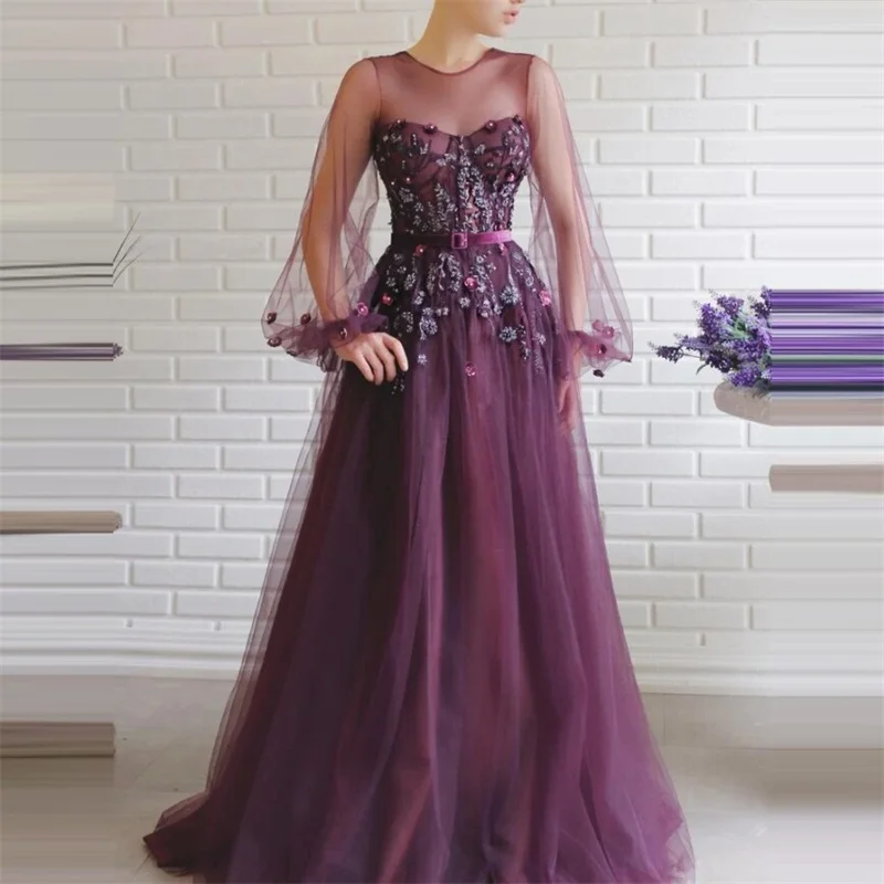 

Floral Purple Prom Dresses With Belt Newest Beads Appliqued Lace Evening Dresses Long Sleeves Sweep Train A Line Party Gowns