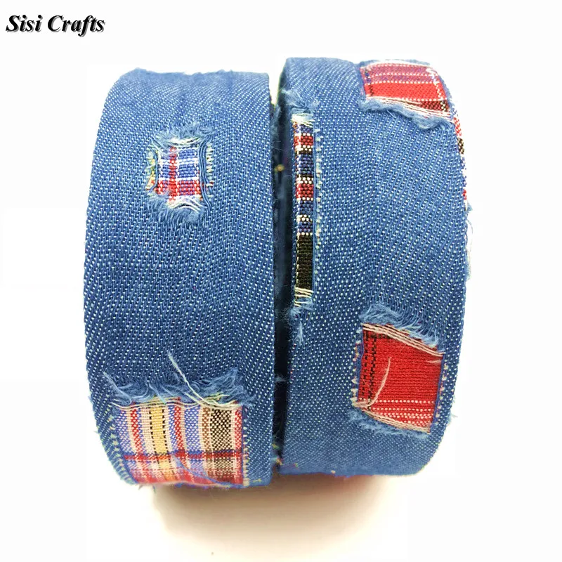 Sisi Crafts Tape Blue Denim Jeans Ribbon Hollow Shapes Ripped Plaid Riband Bias Trim Layering DIY Hair Bow Tie Collar Materia 1M | Дом и сад
