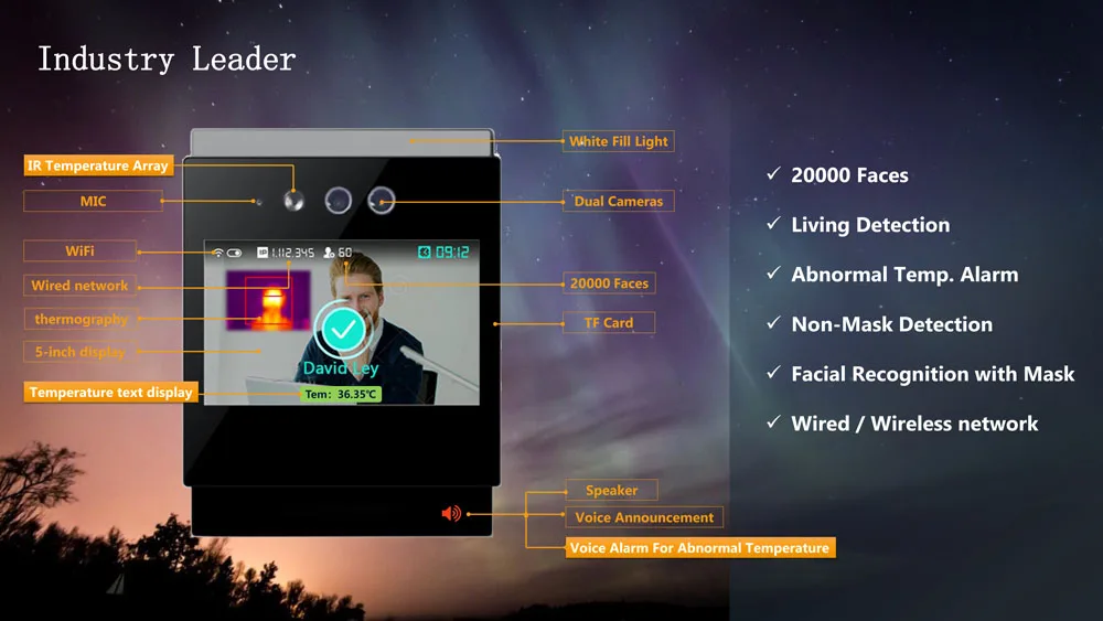 5 inch TCP/IP wifi Dynamic face recognition time attendance access control 2.0 MP camera 20000 faces temperature detection M6 |