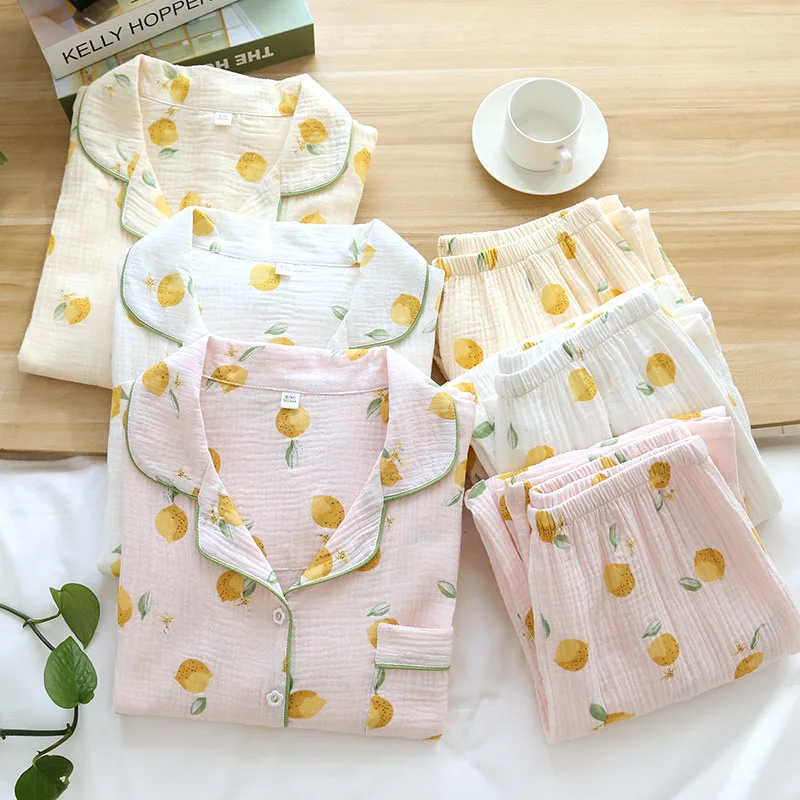 

214 Cotton Korean Sleepwear Lemon Print Pajamas for Women Summer 2021 Pyjamas Girls Pijama Pant Long Sleeve Two Piece Home Suits