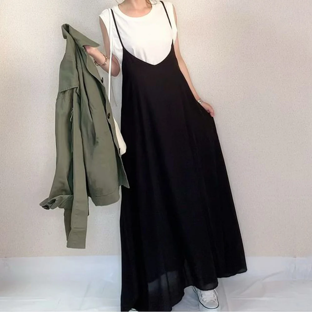 

Summer Women's Dress Casual Loose Korean New Clothes Hot Girl Design Sense Harajuku Strappy Long Maxi Dress Beachwear Sundress