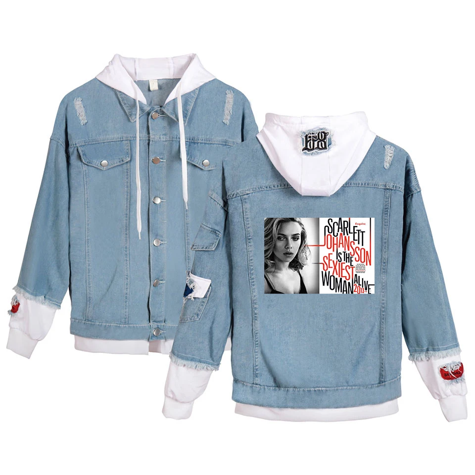 

Light Blue Winter Jean Jackets Outerwear Scarlett Johansson star printed Denim Coats stranger things Winter Denim Jackets
