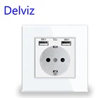 Двойная USB-розетка Delviz с европейским стандартом, 5 В, 2 А, настенная розетка 16 А, панель из закаленного хрустального стекла