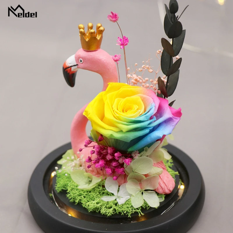 

Meldel Immortal Rose Flower Everlasting Preserved Rose Real Flower Glass Dome Flamingo Birthday Valentine's Day Christmas Gift