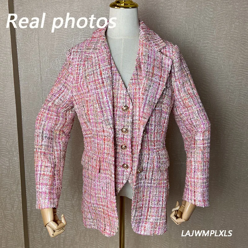 

2021 Spring Pink High Quality Tweed Coat Metal buttons Fake two Blazer women Ladies Autumn Plaid Female Short Slim outwear XZ7