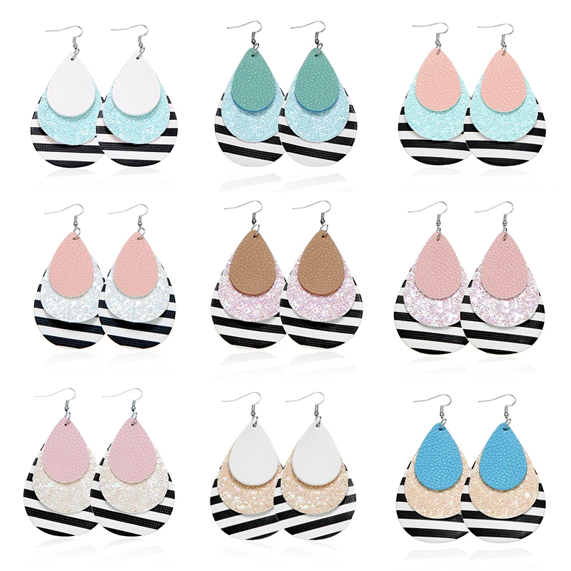 Женские стильные трехслойные серьги капельки из искусственной кожи с