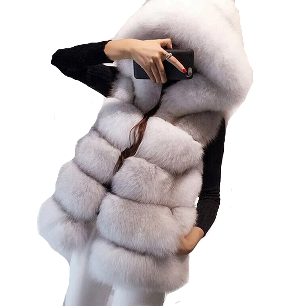 Зимнее пальто 2016 Женское из искусственного Меха чернобурки жилет с капюшоном