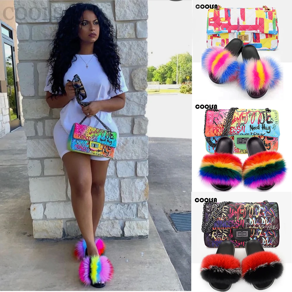 Женские меховые тапочки Комплект с сумкой Пушистые Шлепанцы из натурального