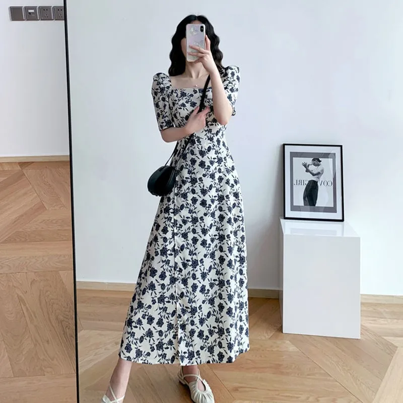 

Summer Female's Retro Dresses For Women 2021 Ladies Puff Short Sleeve Floral Square Neck Dress High Waist Long Dress Robe Femme