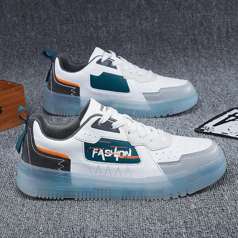 Мужские кроссовки из ПУ кожи с прозрачной подошвой спортивная обувь на плоской