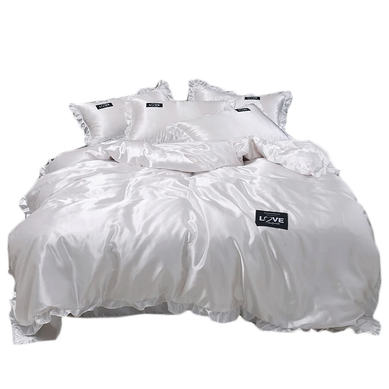 

Piece Set Princess wind pure white silk smooth naked sleeping quilt cover water washed silk bed sheet summer cool bed 4