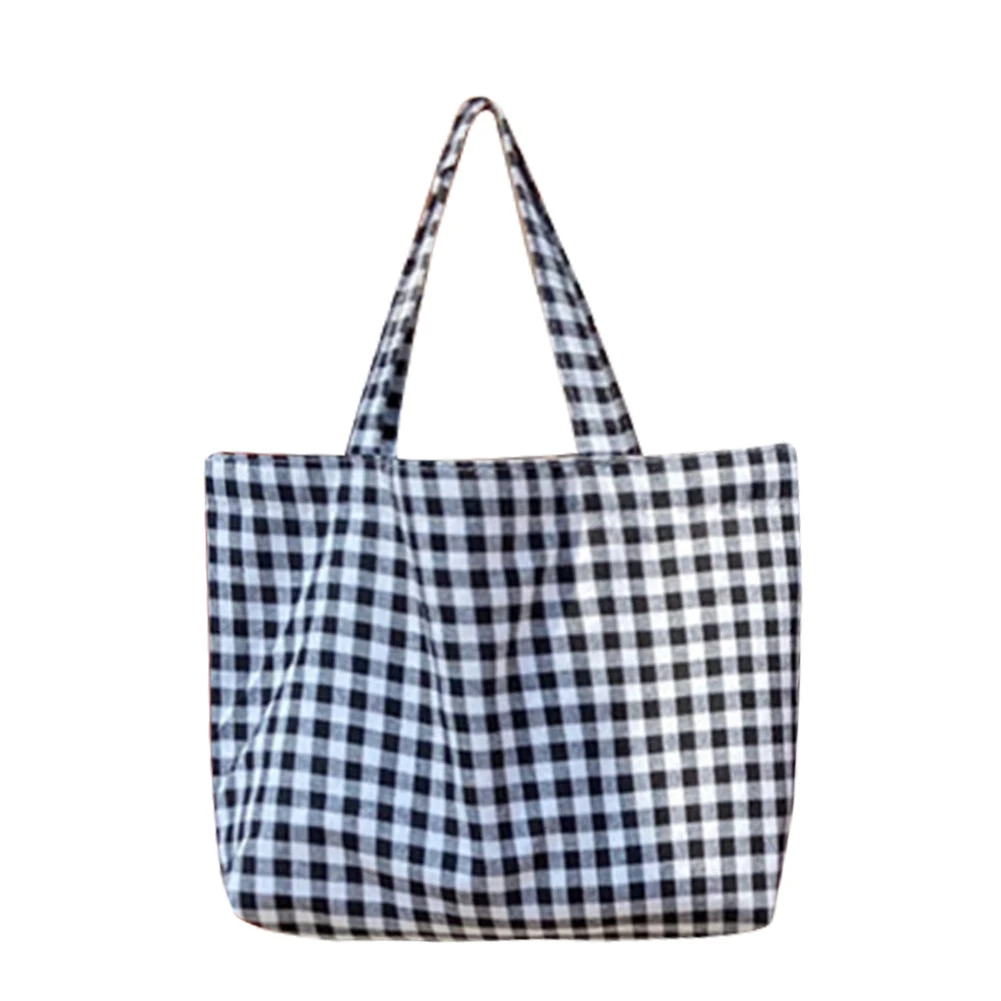 

Simple Hand-held Cotton Tote Bag Women Plaid Pattern Shopping Handbags Lady Casual Small Picnic Bento Tote Purses
