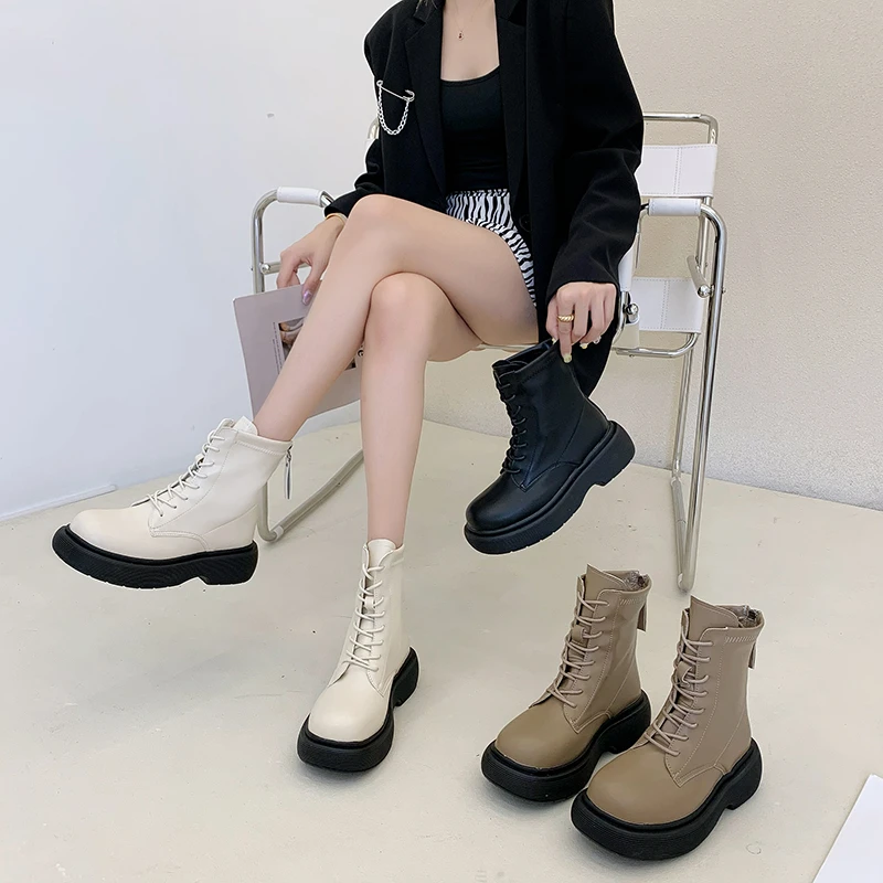 2022 NEW Chunky Platform Ankle Boots for Women Fashion Back Zipper Lace Up Motorcycle Boots Woman Pu Leather Square Heel Botas