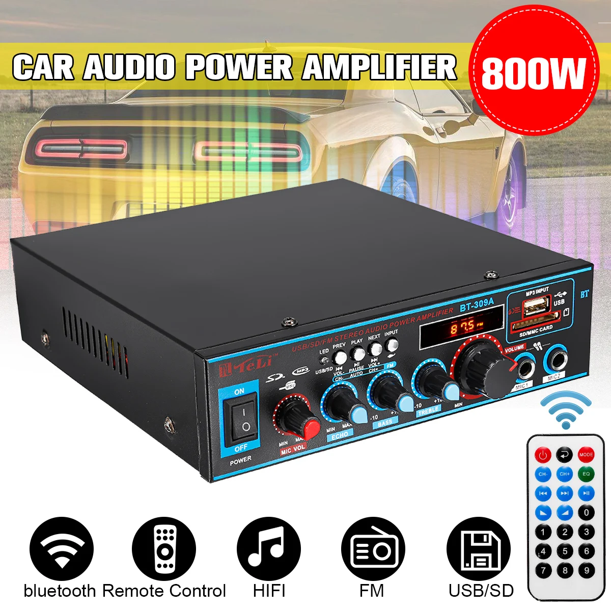 

800W 2 Channel Stereo Car Audio Power Amplifier Mini Hi-Fi bluetooth Car Stereo Subwoofer Amplifier with Remote Control FM Radio