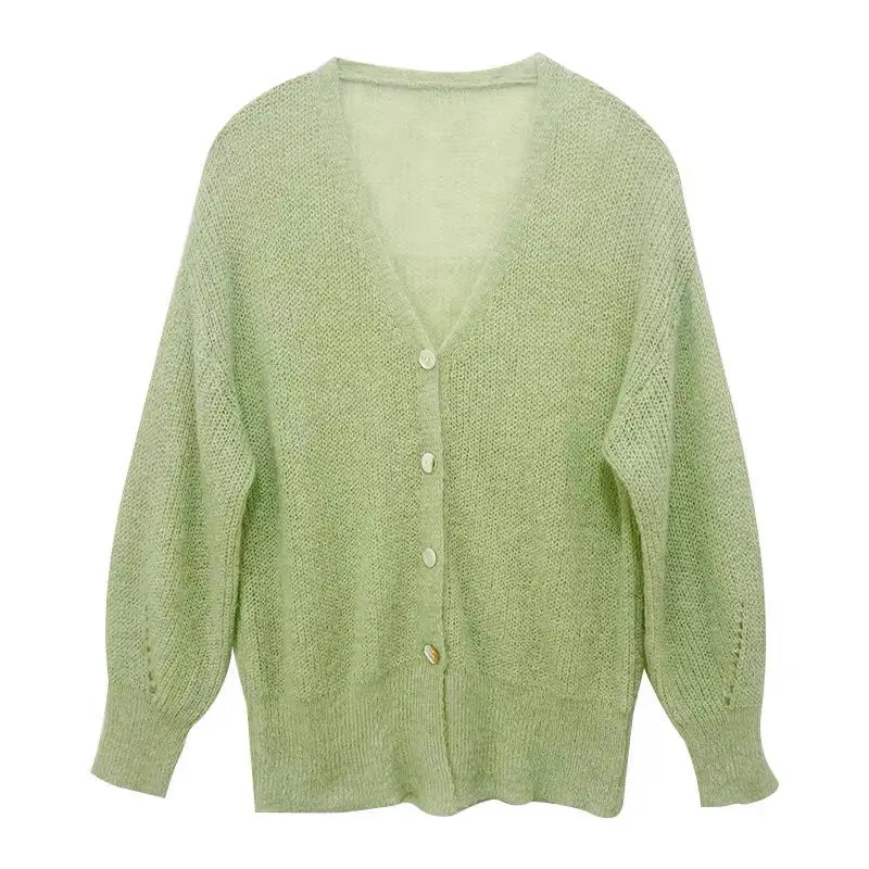 

Mohair Cardigan Women Single Breasted V-neck Sweet Elegant Solid Sweater Loose-fitting Korean Style Mujer Soft Fashion All-match
