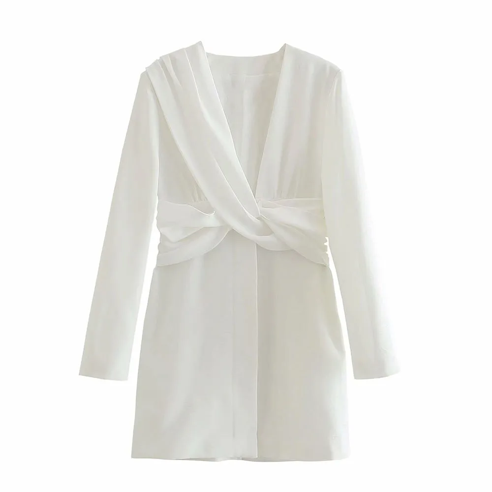 

Za Women 2021 Chic Fashion With Knot Draped Mini Dress Vintage Long Sleeve Side Zipper Button-up Female Dresses Vestidos