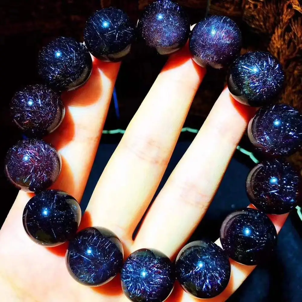 

16.2mm Natural Black Super Seven 7 Firework Rutilated Flower Big Clear Round Beads Bracelet Women Men Genuine AAAAAAA