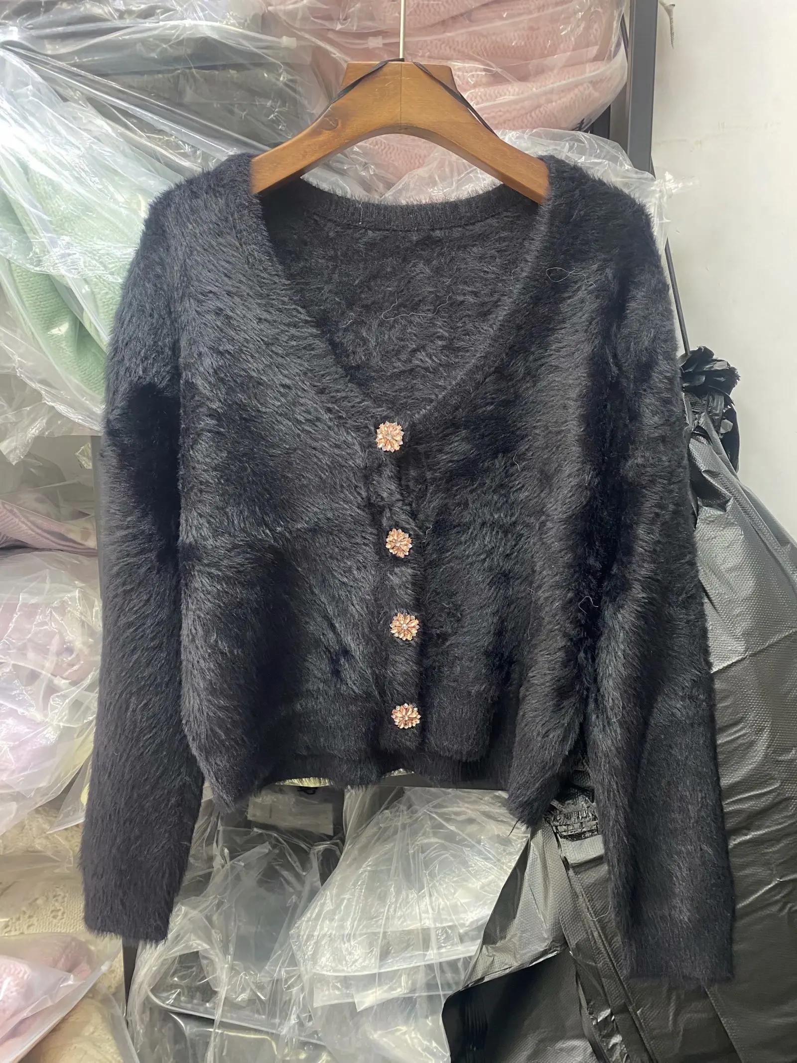 

TMODA875 Za 2021 Women Fashion Faux Fur Cropped Knitted Cardigan Sweater Vintage V Neck Long Sleeve Female Outerwear Chic Tops