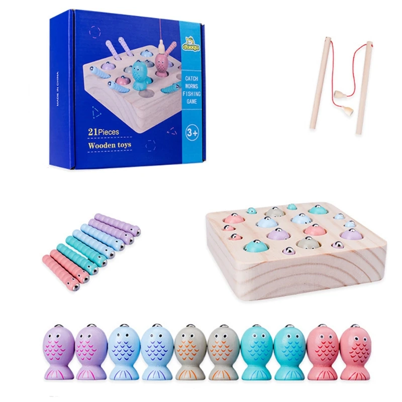 

2022 New Wooden Fishing Toy Color Sorting Game with Fishing Rod Children Favors Xmas Gift