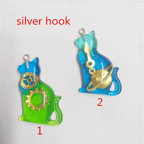 silver hook 12 шт смолы кошка плоская задняя серьга талисманы очень милый брелок подвески, ожерелья для украшения DIY - Окраска металла: silver hook