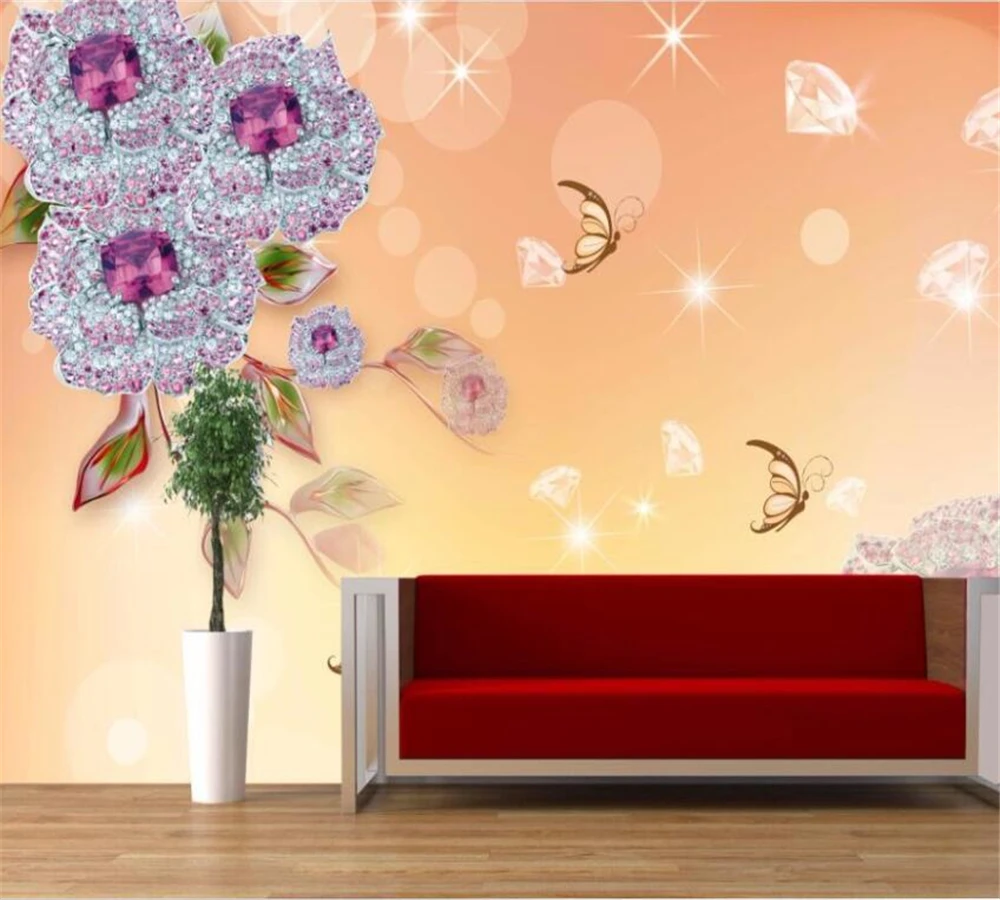 beibehang HD custom 3D wallpaper mural photo fashion crystal pearl rose butterfly romantic European home TV background wall |