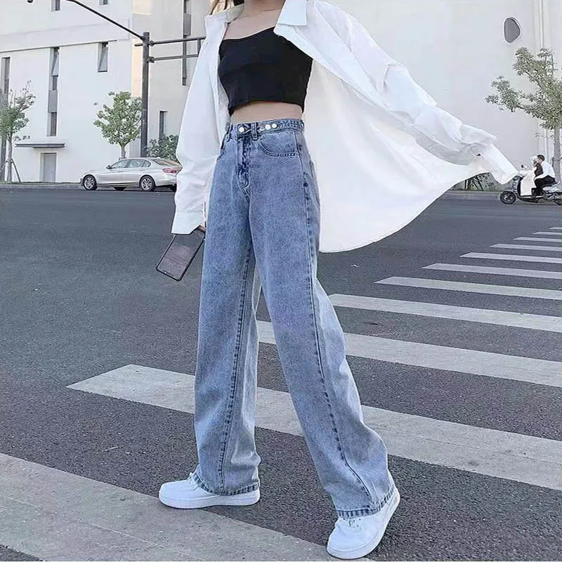 

Adjustable wide leg pants women's casual simple style straight leg jeans 2021 fashion South Korea Harajuku Vintage Mom Pants Y2k