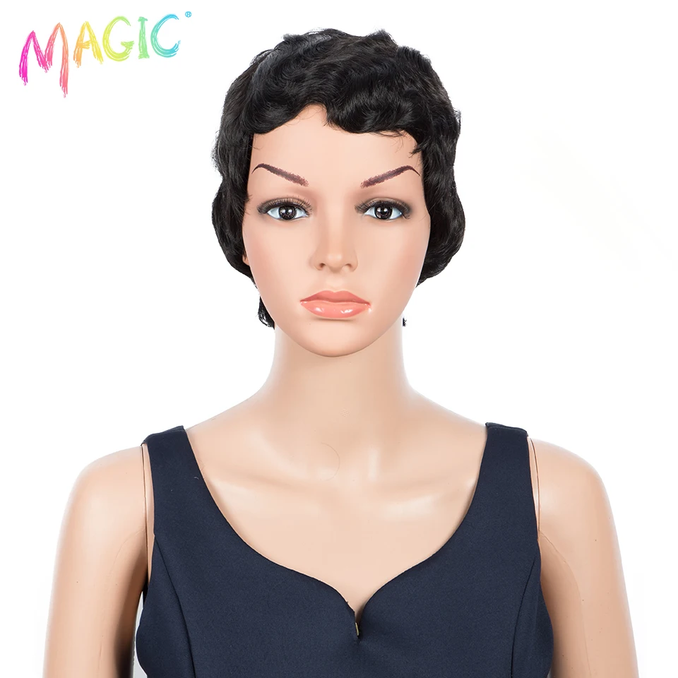 Волшебный натуральный волнистый черный парик короткие волнистые синтетические