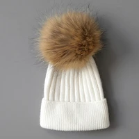 hot winter big real raccoon fur pompoms knitted beanies caps new thick warm knit hats gorras for girls women