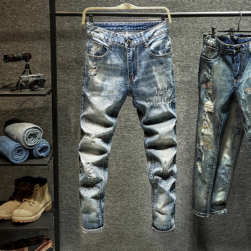 Весна-Осень 2020 мужские хлопковые джинсовые брюки свободные Мужская брендовая