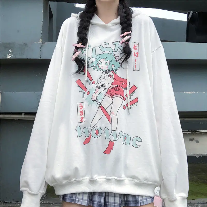 

Oversized Cartoon Hoodie Streetwear Hip Hop Women Amine Sweatshirts Casual Autumn High Street Pullover Hoodies Funny Blue Tops