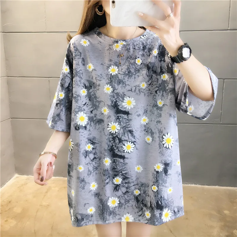

Loose Mid-length T-shirt Female Short-sleeve Korean Version 2020 Summer Women's New Fresh Little Daisy Casual Top
