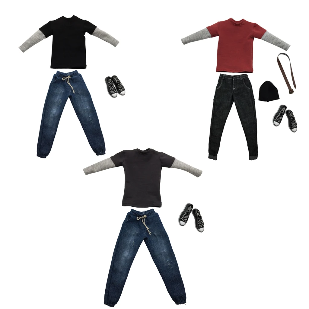 Мужская одежда в масштабе 1/6 черная длинная футболка джинсы и холщовая обувь