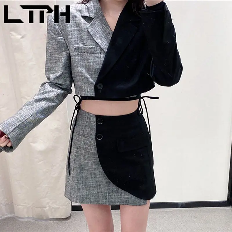 LTPH-Chaqueta corta de estilo inglés para mujeres faldas trajes vintage de retazos, trajes de falda irregular de cintura alta, primavera 2021