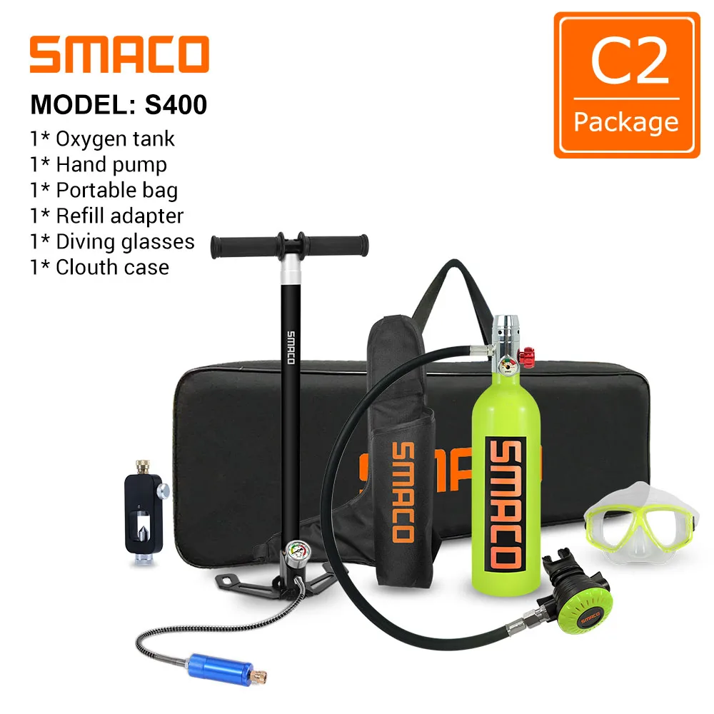 

SMACO S400 Mini Scuba Diving Equipment Diving Cylinder Tank Underwater 16 Minutes Capability 1L Capacity with Refillable Design