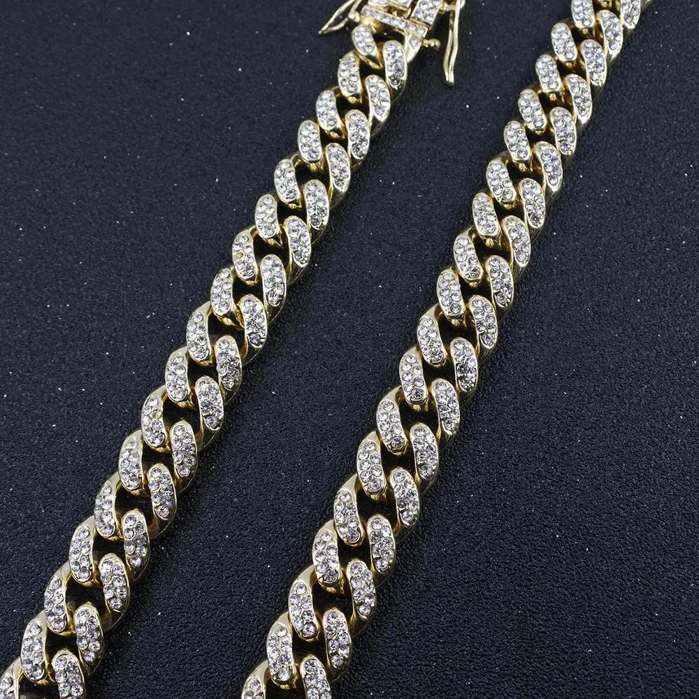 13mm iced out cuban chain bling hip hop mens heavy necklace red black blue crystal 2 tone gold color punk singer cz rap jewelry