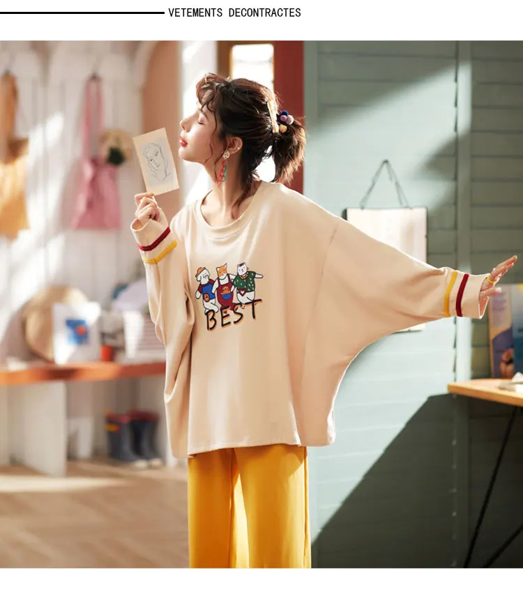 Новые женские пижамные комплекты Осенняя Милая одежда для сна с длинными рукавами и принтом из мультфильмов для девочек пижамы Mujer ночная рубашка для отдыха Одежда для взрослых