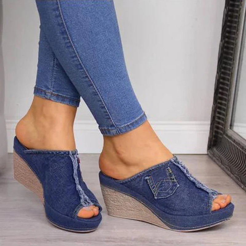 

Summer Ladies Shoes With Heels Stylish Womens Blue Cowboy Comfortable Open-Toe Shoes Wedges Platform Open Sandals Slipper