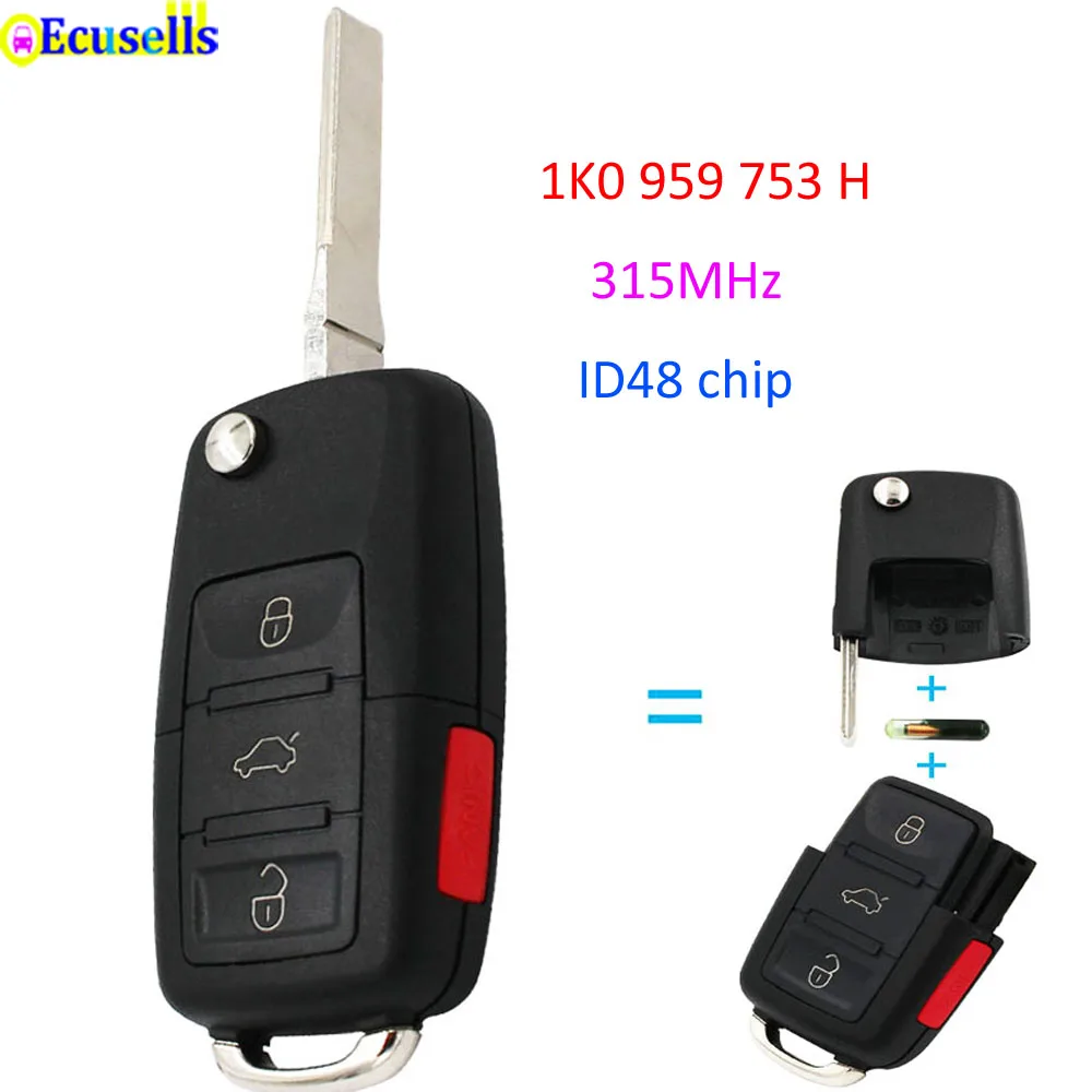 Дистанционный ключ без ключа 3 + 1 кнопка 315 МГц для VW Volkswagen Golf Jetta Rabbit CC 1K0 959 753 H с