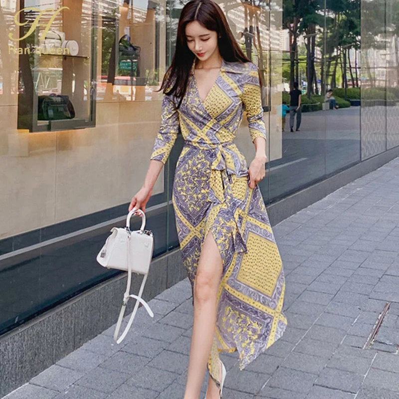 Yellow H Han queen/3/4, длинный рукав, на шнуровке, с принтом, длиной до щиколотки, женское платье,, Осенние сексуальные платья с v-образным вырезом, новые богемные платья с разрезом - Цвет: Yellow