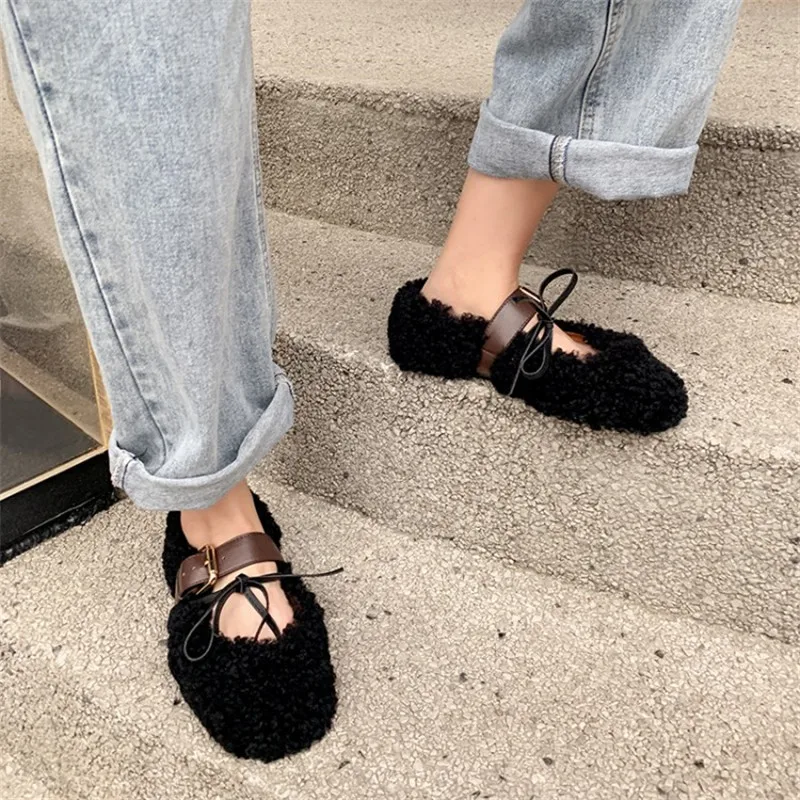 PXELENA/обувь на натуральном меху женские балетки с бантом и пряжкой мех ягненка