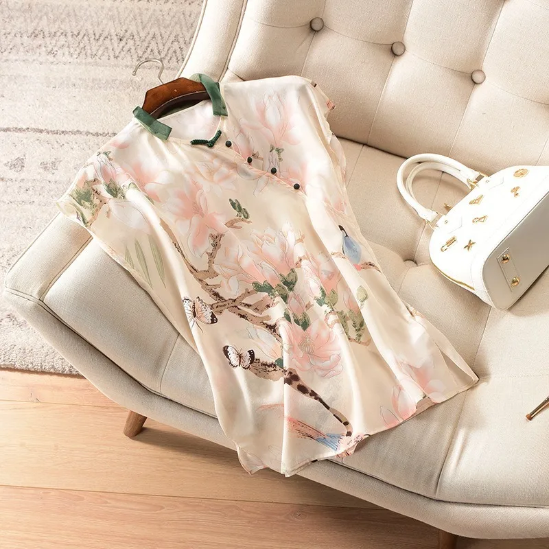 Китайские традиционные женские винтажные Топы Ципао с цветочным принтом одежда