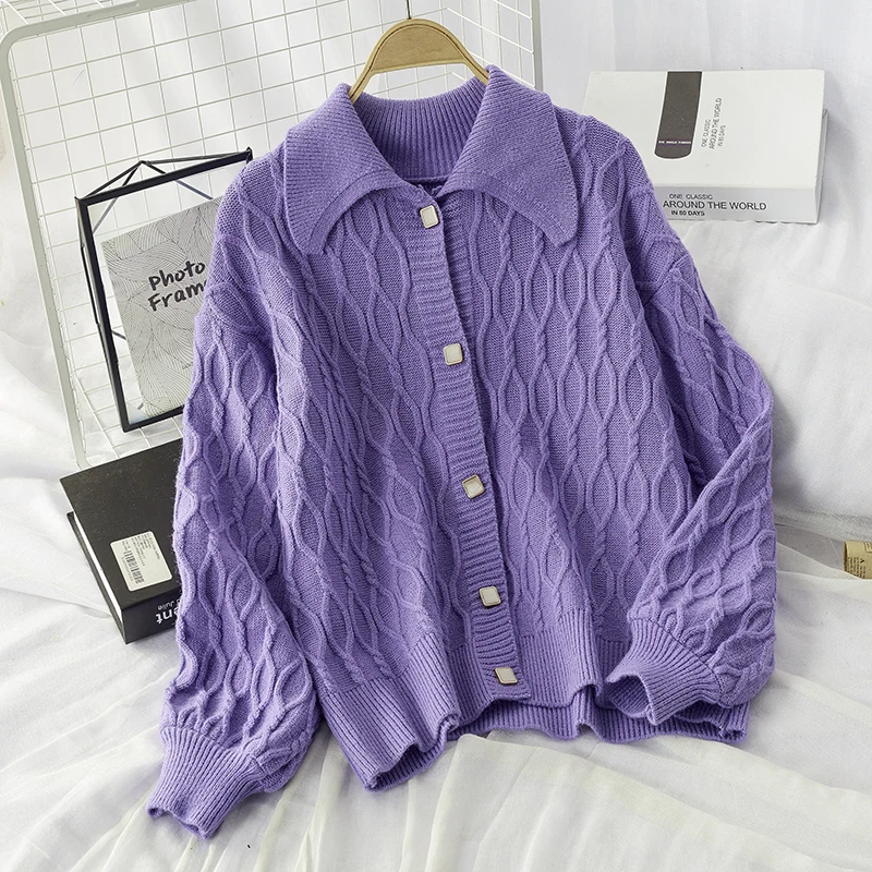 Фиолетовая куртка свитер женские вязаные жакеты пальто вязаная зимняя верхняя